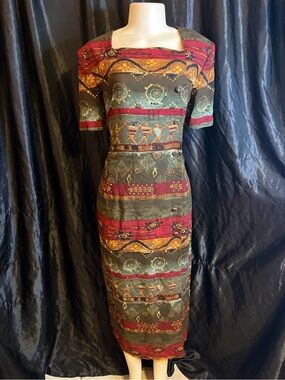 Vintage 90s Structured Square-Neck Midi Dress in Olive and Burgundy